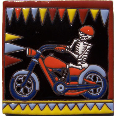 Mexican Talavera Ceramic Handpainted Tile Day of dead -- 3007 Biker